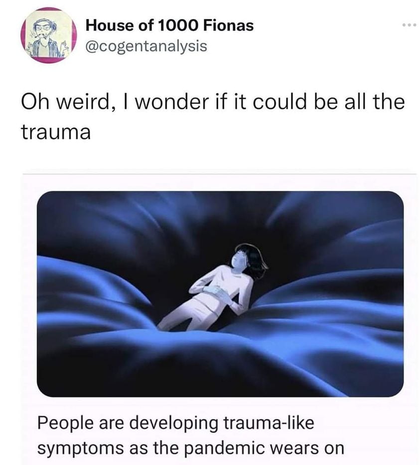 The meme is a humorous commentary on the ongoing pandemic. The image shows a person lying in bed, surrounded by a dark and ominous background. The text above the image reads, "Oh weird, I wonder if it could be all the trauma." Below the image, it says, "People are developing trauma-like symptoms as the pandemic wears on."